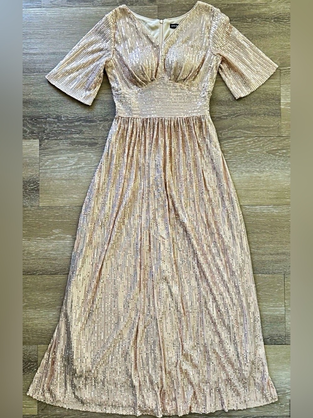 SHEIN Gold Sequin Maxi Dress with Short Sleeves